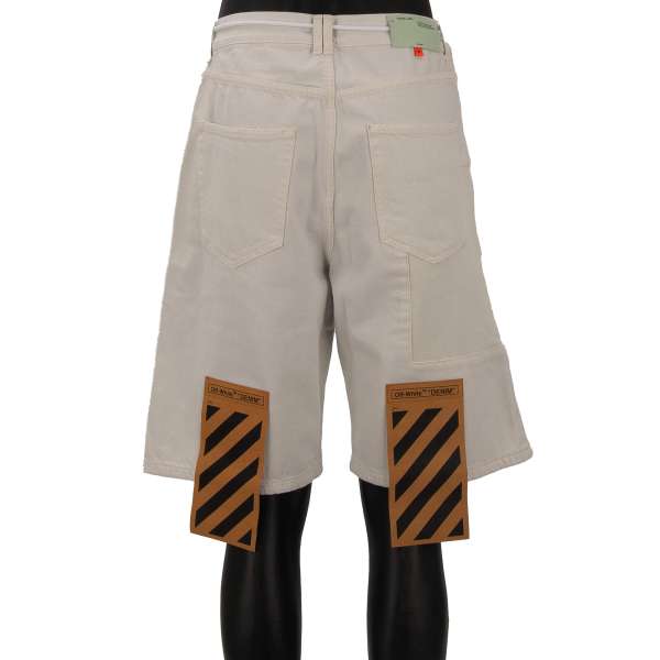5-pockets Denim Fleece Panel Shorts with removable seamed patches at both legs, lce belt and logo print by OFF-WHITE c/o Virgil Abloh