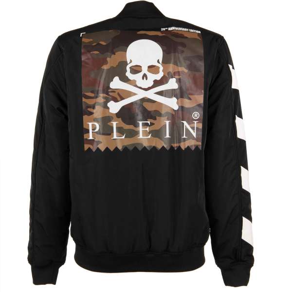 Bomber Jacke Anniversary 20th mit Logo Schild vorne und Totenkopf Logo Camouflage print am Rücken von PHILIPP PLEIN