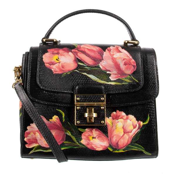 Lizard textured Shoulder Bag / Tote ROSALIA with tulips print, double flap and three compartments by DOLCE & GABBANA