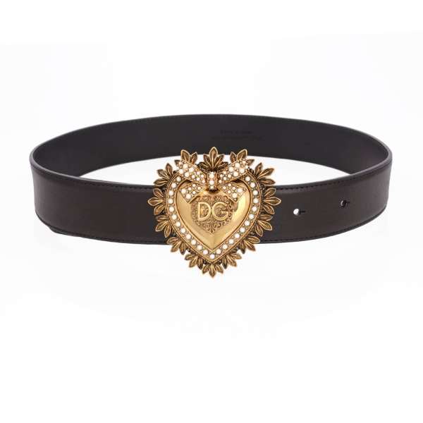 DEVOTION leather Belt embellished with Pearl Metal Heart in black and gold by DOLCE & GABBANA 