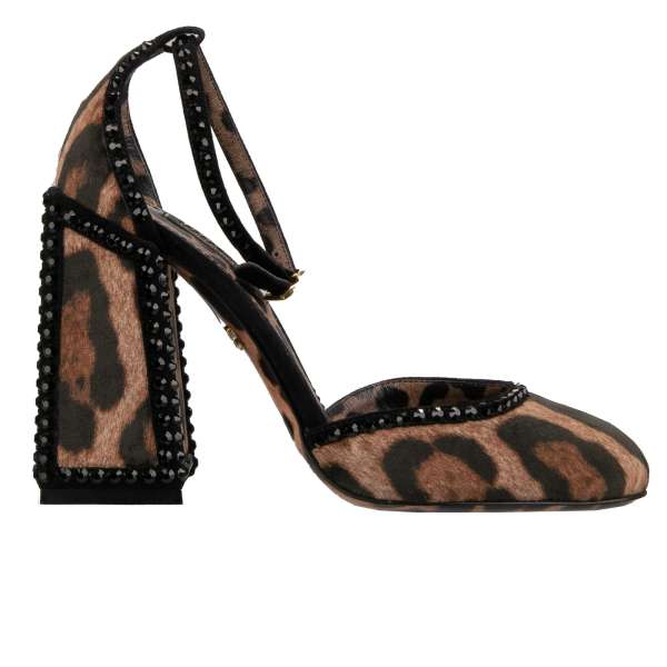 Leopard Pattern Velvet Ankle Strap Pumps in black and brown with crystals and ankle strap in brwon and black by DOLCE & GABBANA
