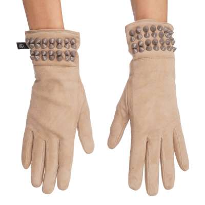 Lady Studded Suede Leather Cashmere Gloves Beige 7