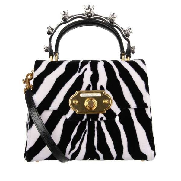 Handtasche / Schultertasche WELCOME Medium aus Samt mit Zebra Print mit Doppelhenkel beschmückt mit dekorativen Zebra Köpfen von DOLCE & GABBANA