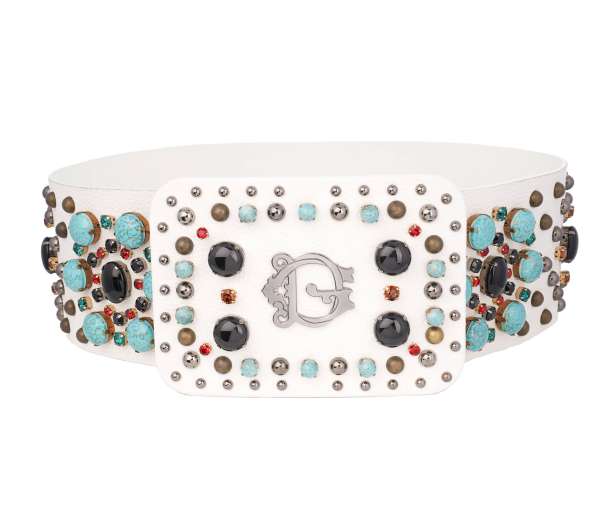 Calf leather big belt with DG Logo, crystals and pearls elements in white and silver by DOLCE & GABBANA