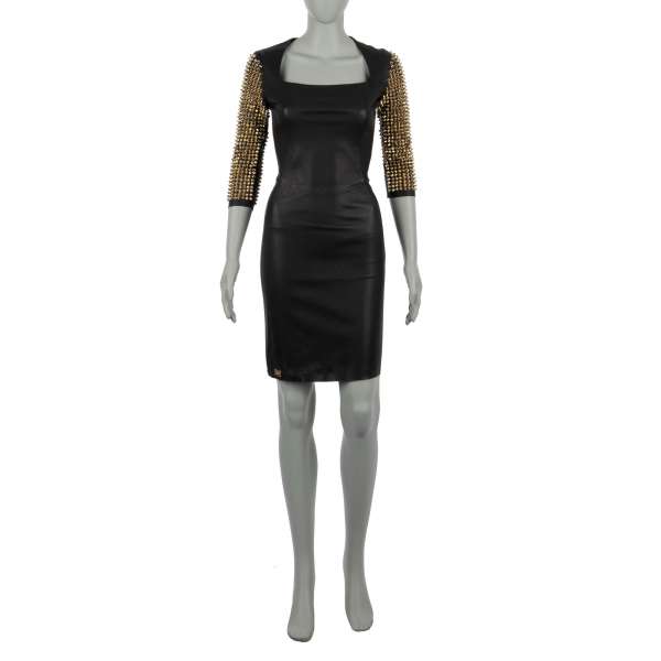 Short and stretch leather dress with embellished studs sleeves in black by PHILIPP PLEIN