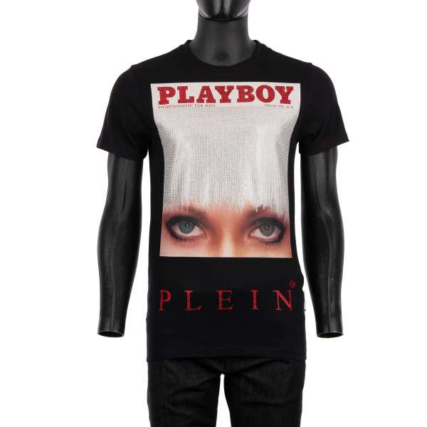 T-Shirt mit Magazin Cover Print von Iconic Eyes / Candace Jordan und mit Kristallen verziertem' Playboy Plein' Schriftzug auf der Rückseite von PHILIPP PLEIN x PLAYBOY