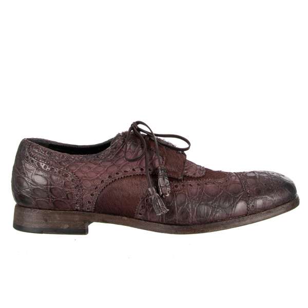 Exclusive patchwork Caiman leather and fur derby shoes in bordeaux with pink shade by DOLCE & GABBANA