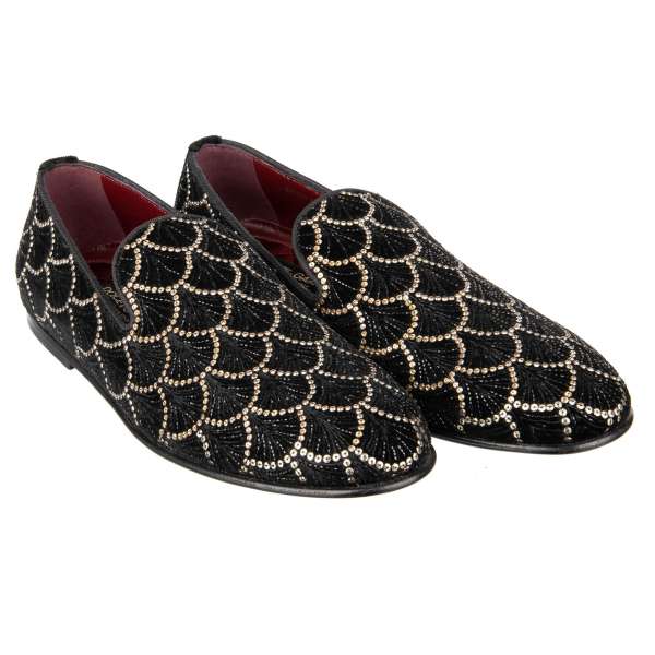Loafer Schuhe ISPICA aus Baumwolle mit bestickten Kristallen in Gold und Schwarz von DOLCE & GABBANA