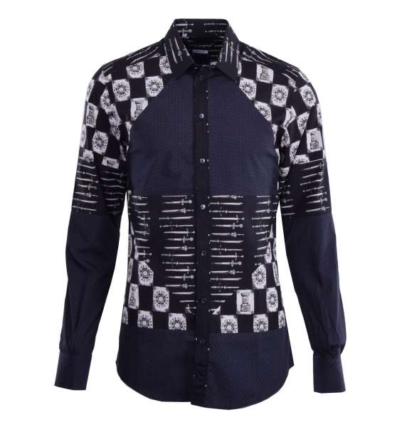 Hemd aus Patchwork-Baumwolle mit kurzem Kragen und Waffen- & Rüstung-Print von DOLCE & GABBANA Black Label - GOLD Line