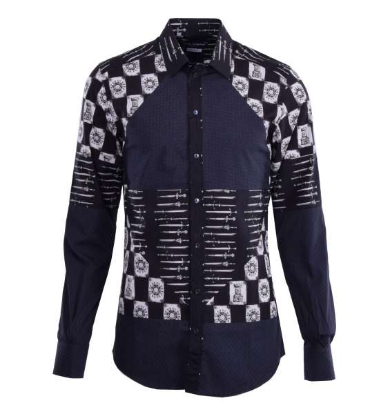 Armor & Weapons printed patchwork cotton shirt with short collar by DOLCE & GABBANA - GOLD Line