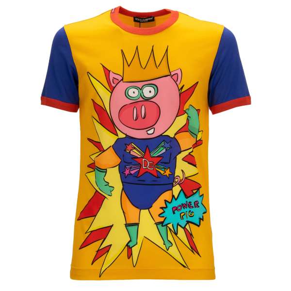 Printed cotton T-Shirt with King Power Pig print and logo patch on the back by DOLCE & GABBANA