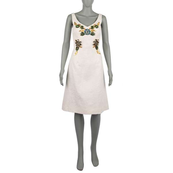 Silk blend Brocade dress with embroidered crystal flowers and petals in white by DOLCE & GABBANA