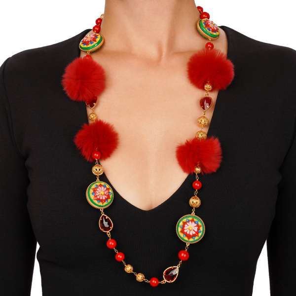 Necklace chain with filigree details, Carretto pendants, crystals and fur elements in gold and red by DOLCE & GABBANA