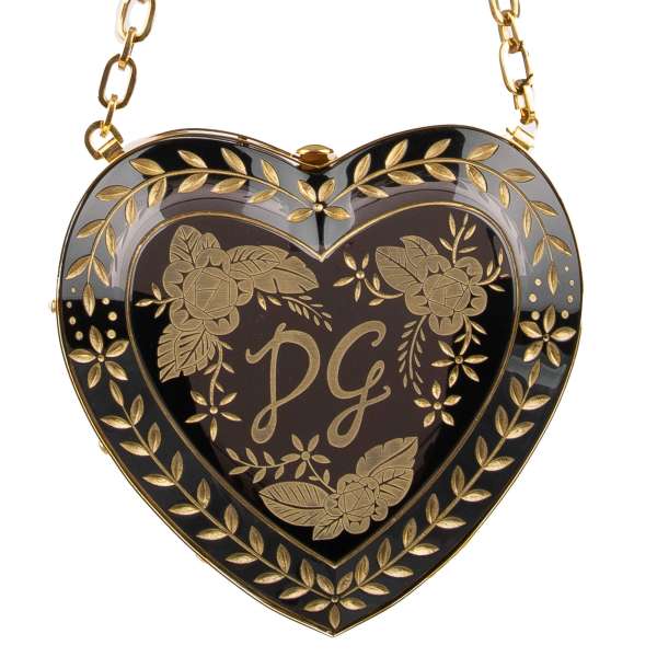 Mit DG Logo und Blumen bemalte Schultertasche / Clutch DOLCE BOX Herz aus Plexiglas mit goldener Kette von DOLCE & GABBANA