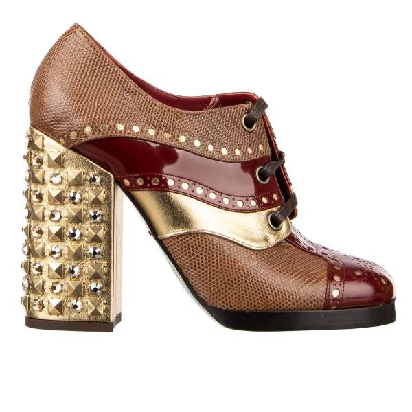 Leather Boots with different leather patterns and crystals and studs embellished heel by DOLCE & GABBANA