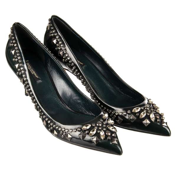 Pointed leather Pumps BELLUCCI with crystals and studs embellishment in green by DOLCE & GABBANA