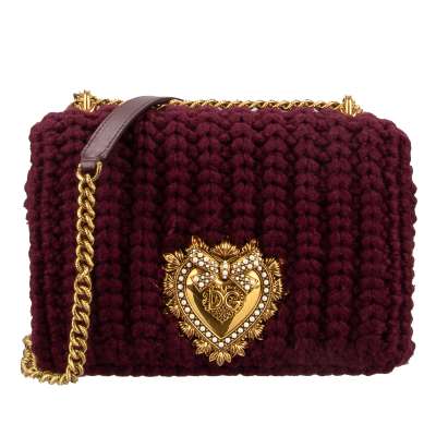 Crochet Wool Crossbody Clutch Bag DEVOTION with Jeweled Heart Burgundy