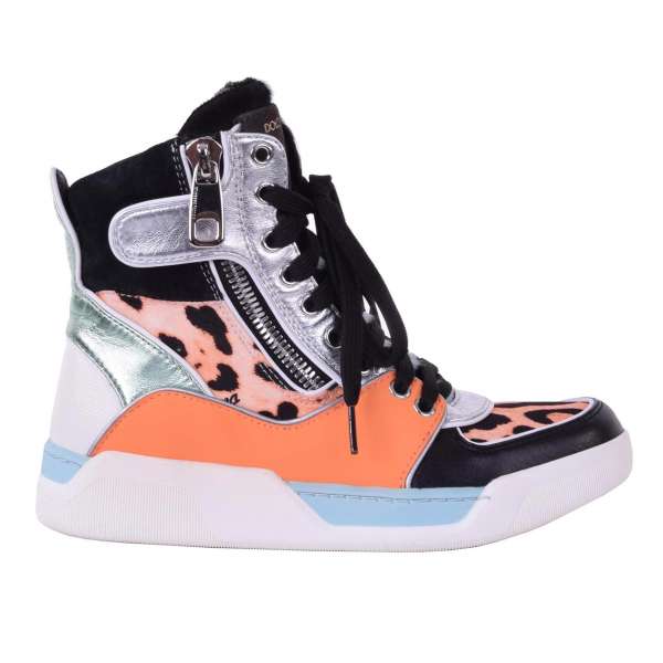 Patchwork High-Top Sneakers aus Leder, Wildleder und Pelz mit zwei Reißverschlüssen und Klettverschluss von DOLCE & GABBANA