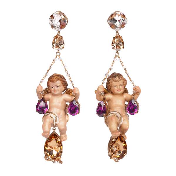 "Putti" Barock hand-bemahlte Engel Clip Ohrringe verziert mit Kristallen und Ketten in gold von DOLCE & GABBANA 