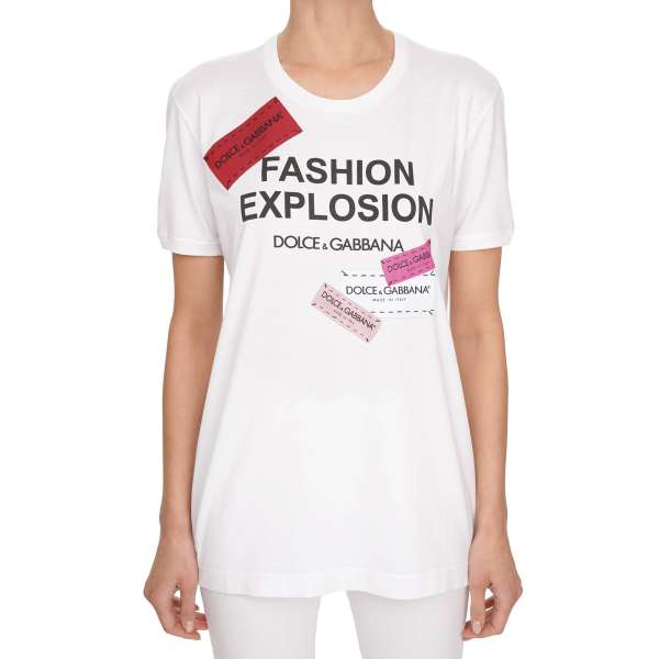 Baumwolle T-Shirt mit DG Explosion Logo und DG Logo Patch in weiß und pink von DOLCE & GABBANA