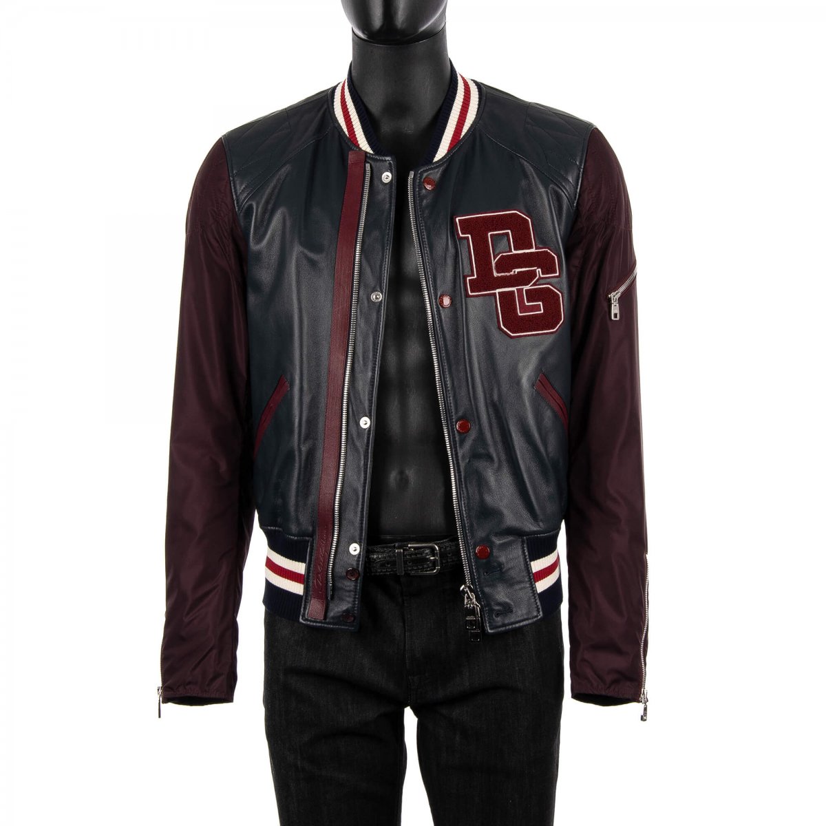 Dolce Gabbana DG Logo Leather Varsity Jacket Blue Red 48