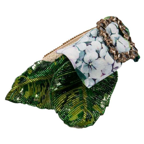 Haarreif aus Seide verziert mit handbestickten Perlen, Kristallen Blättern in Grün und Schleifen Brosche in Grün von DOLCE & GABBANA