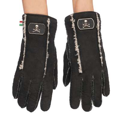 Metal Skull Logo Owen Lamb Fur Leather Gloves Black 7.5