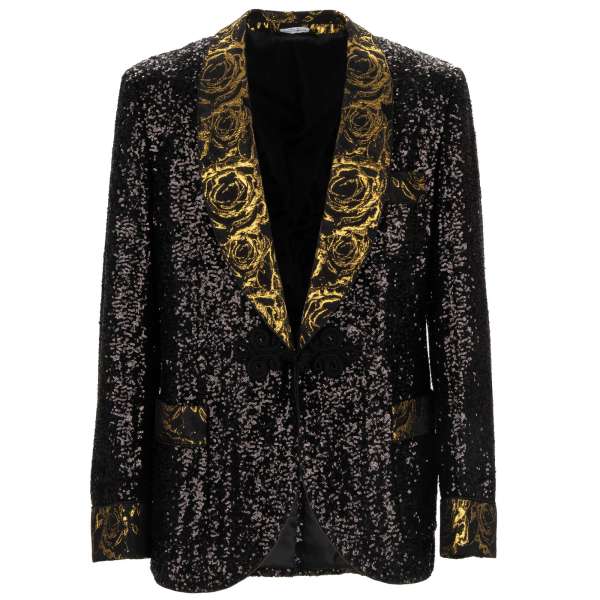 Pailletten Sakko / Tuxedo Blazer im Barock-Stil mit Seil-Verschluss, Kontrast Revers, Manschetten und Taschen aus Rosen Jacquard von DOLCE & GABBANA