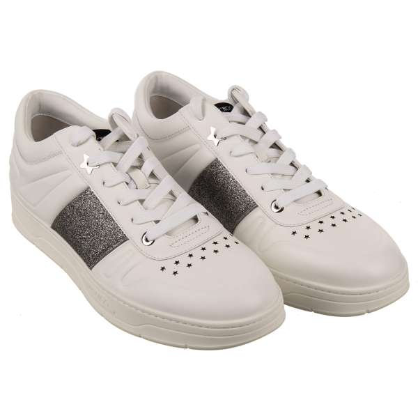 Low-Top Leather Sneaker HAWAII with logo, stars elements and glitter stripe in silver and white by JIMMY CHOO
