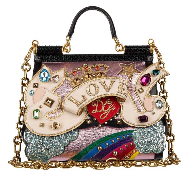 Jeweled shoulder bag / top handle bag SICILY Love made of shiny dauphine leather and snakeskin with glitter, crystals, studs and logo by DOLCE & GABBANA