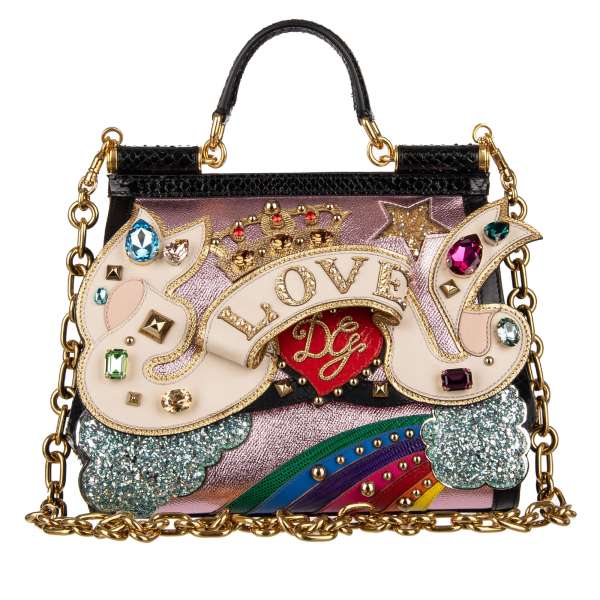 Beschmückte Schultertasche / Handtasche SICILY Love aus Dauphine Leder und Schlangenleder mit Kristallen, Glitzer, Nieten und Logo von DOLCE & GABBANA