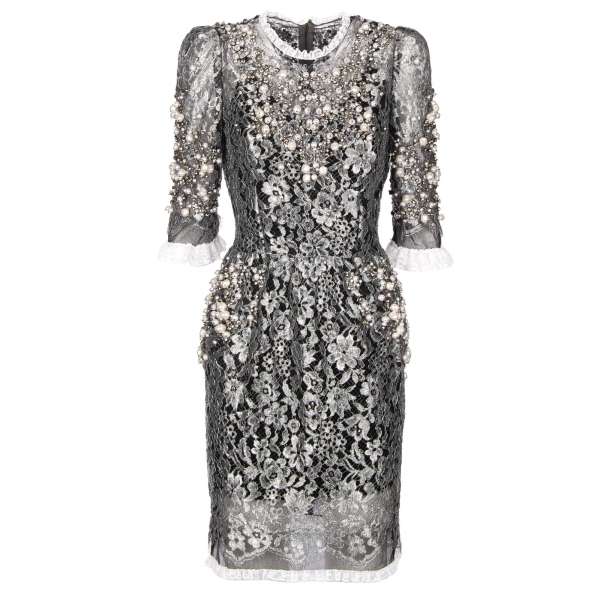 Baroque lace dress embellished with artificial pearls and real crystals in silver and black by DOLCE & GABBANA