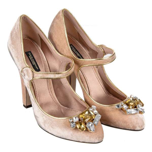 Velvet Pumps COCO with crystals brooch in beige by DOLCE & GABBANA Black Label