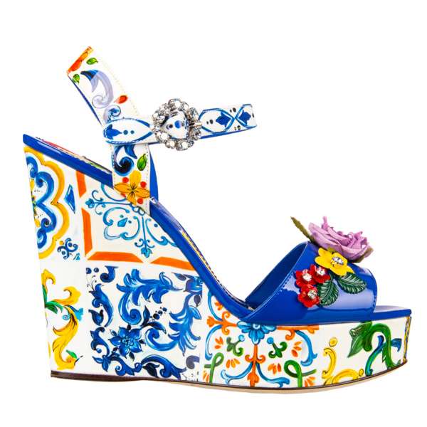 Majolica printed patemt leather platform sandals BIANCA with floral and crystals applications by DOLCE & GABBANA