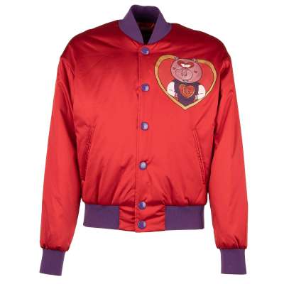 Heart Super Pig Printed Bomber Jacket with Logo Red