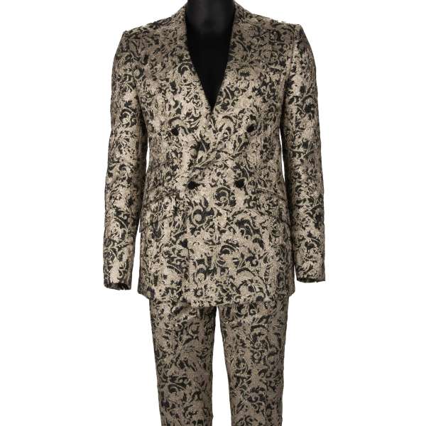 Flowers pattern jacquard double-breasted suit with peak lapel in blue and silver by DOLCE & GABBANA 