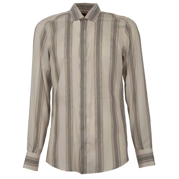 Striped pattern silk shirt MARTINI with hidden button line in beige-white by DOLCE & GABBANA