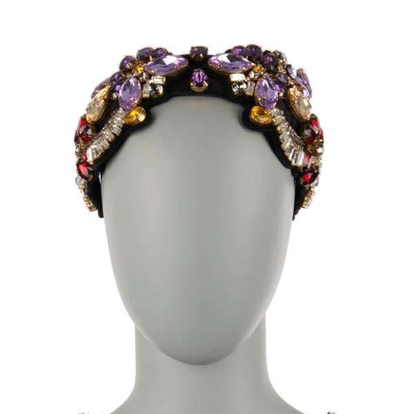 Silk blend Hairband with Crystals, Sequins and Brass floral applications in black, purple, red and yellow by DOLCE & GABBANA