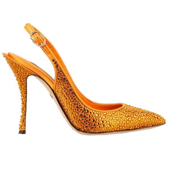 Pointed Decollete Silk and Leather Slingback Pumps LORI in orange covered with crystals by DOLCE & GABBANA