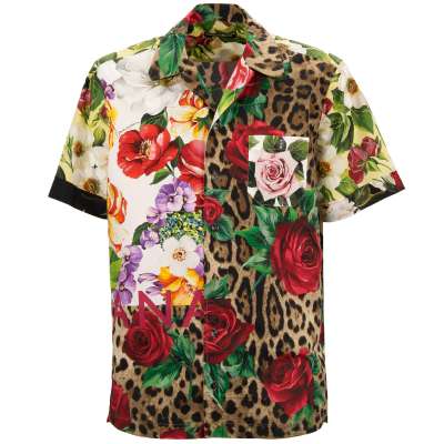 Leopard Rose Flower Logo Oversize Shirt Brown Red Green 38 XS