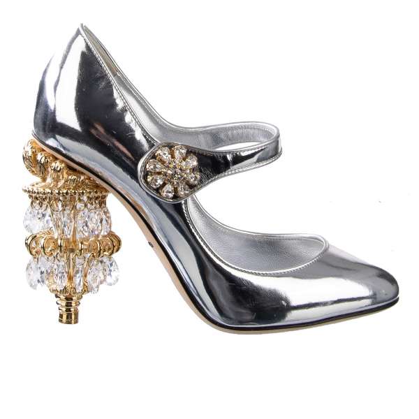 Mary Jane Pumps VALLY with crystals and brass chandelier heel in silver by DOLCE & GABBANA
