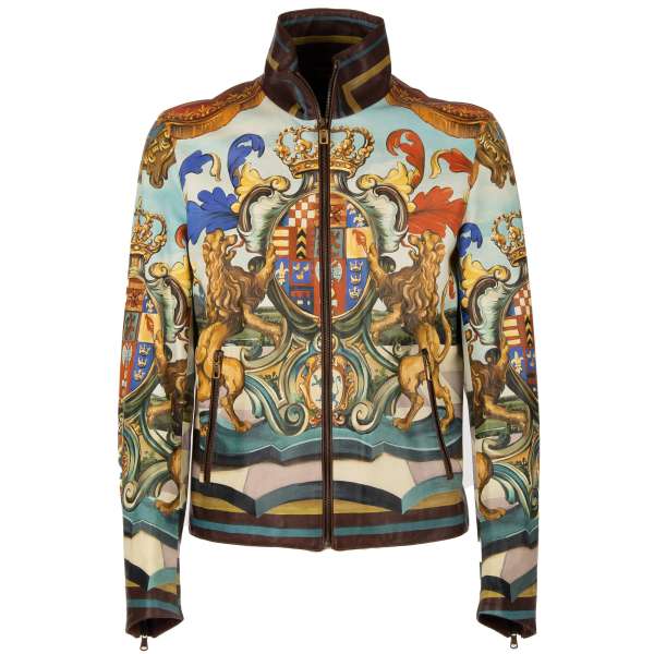 Sicilia heraldry, lions and crown printed nappa leather jacket with zip pockets and cuffs by DOLCE & GABBANA