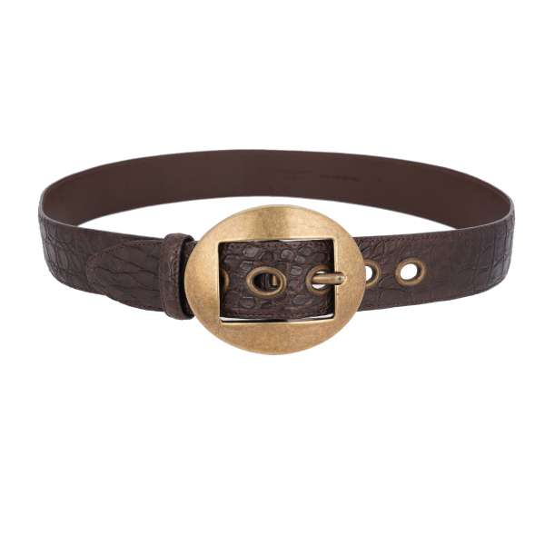 Crocodile leather belt with oval metal buckle in brown by DOLCE & GABBANA