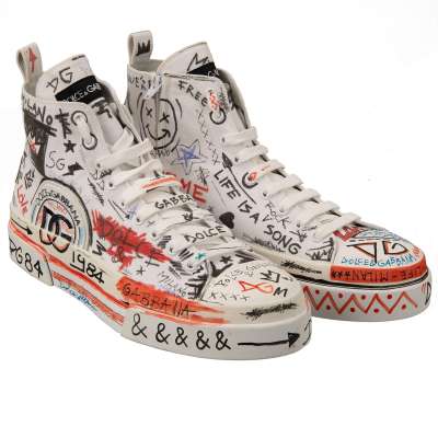  Exklusive Einzelstück Hand-bemahlte High-Top Sneaker mit Logo Weiß 44 UK 10 US 11