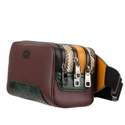 Large Snake Leather Waist Bag with Zip Pockets and Logo Green Burgundy