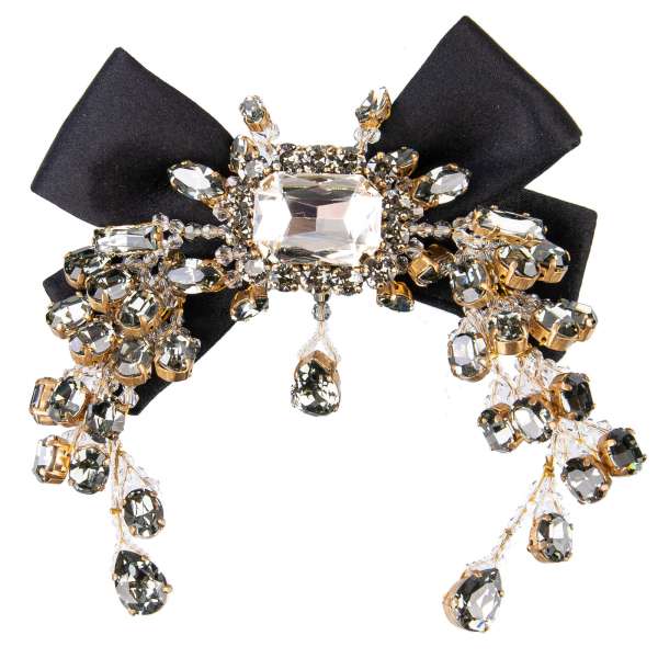 Hair Clip with silk ribbon and crystals brooch in black by DOLCE & GABBANA