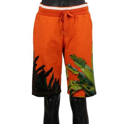 Cotton Bermuda Sweatshorts with Palms Print and Pockets Orange Green
