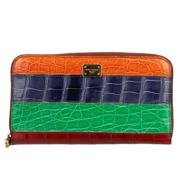 Gestreifte Patchwork Zip-Around Portemonnaie / Geldbörse aus Krokodilleder mit Logo Schild in Grün, Orange, Blau und Rot von DOLCE & GABBANA 