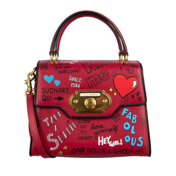 Mural Graffiti Printed leather Tote / Shoulder Bag WELCOME Medium with double handle and letterings "Take a Selfie", "Hey Girl", "In Case of Doubt Overdress", "Kiss me", "Be Different" and others by DOLCE & GABBANA