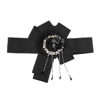 SARTORIA Crystal Brooch Chain Flower Ribbon Bow Belt Black Silver